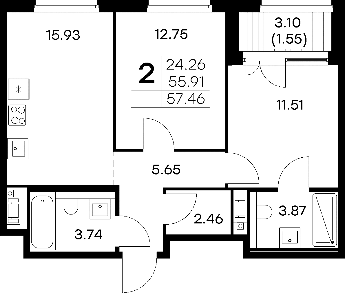 2-комнатная квартира 57.46 м², 5/6 эт., ЖК «Glorax City Василеостровский»